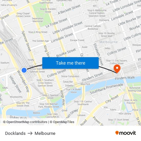 Docklands to Melbourne map