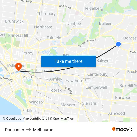Doncaster to Melbourne map