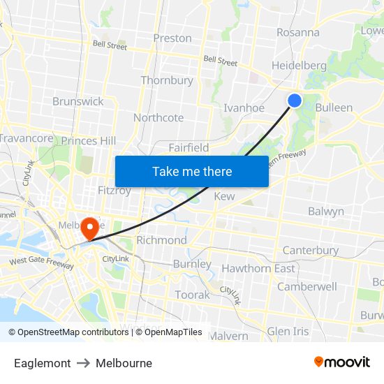 Eaglemont to Melbourne map