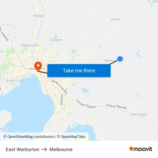East Warburton to Melbourne map