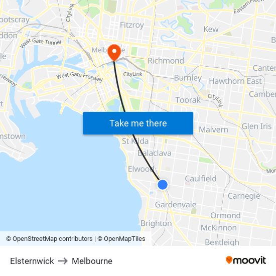 Elsternwick to Melbourne map