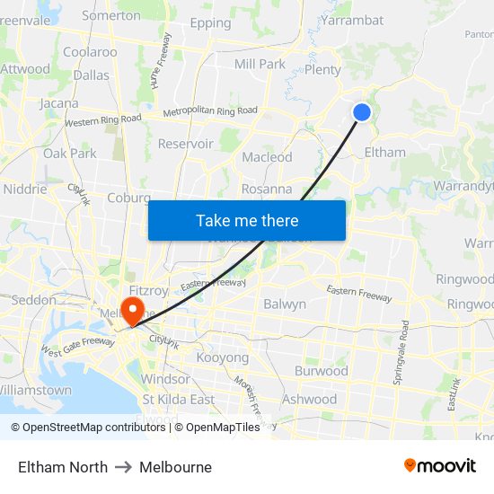 Eltham North to Melbourne map