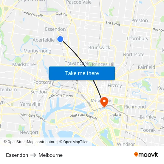Essendon to Melbourne map