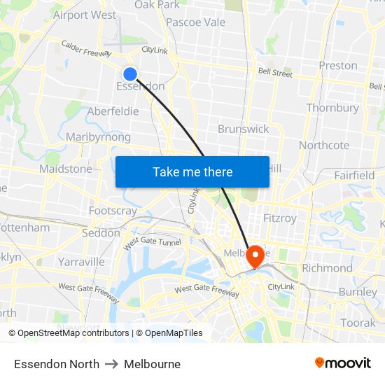 Essendon North to Melbourne map