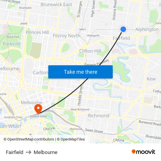 Fairfield to Melbourne map