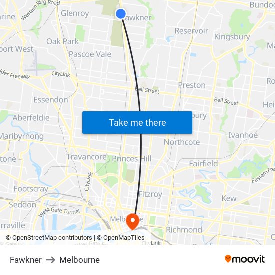 Fawkner to Melbourne map