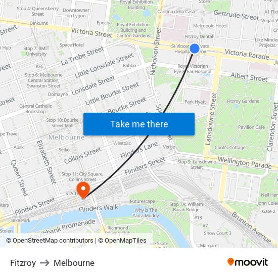 Fitzroy to Melbourne map