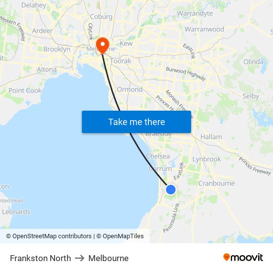 Frankston North to Melbourne map