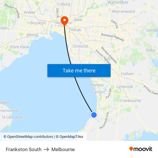 Frankston South to Melbourne map