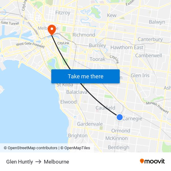 Glen Huntly to Melbourne map