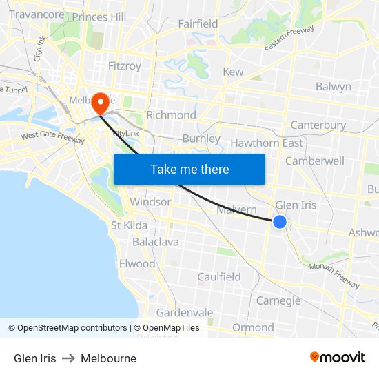 Glen Iris to Melbourne map