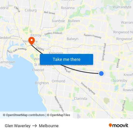 Glen Waverley to Melbourne map