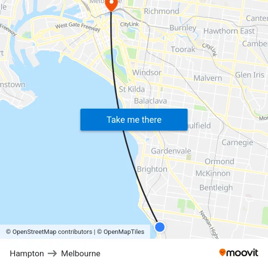 Hampton to Melbourne map