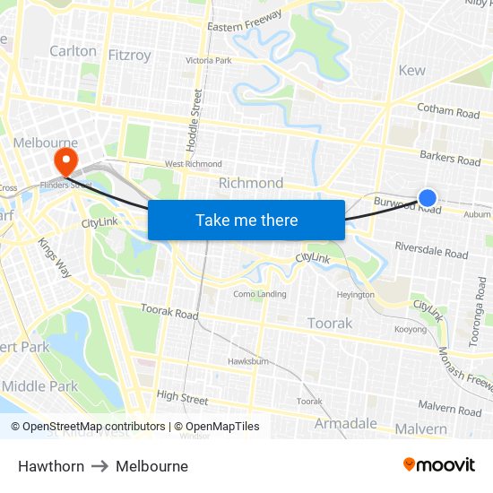 Hawthorn to Melbourne map