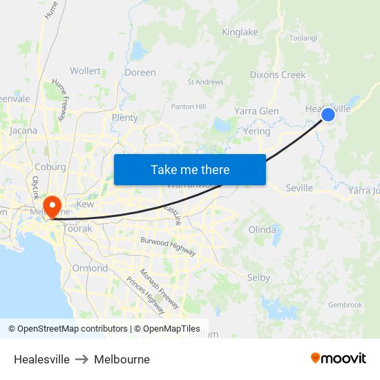 Healesville to Melbourne map