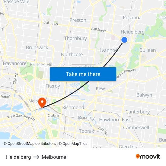 Heidelberg to Melbourne map