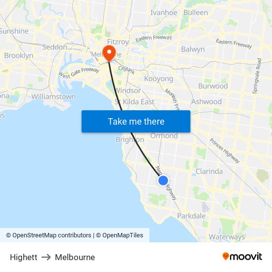 Highett to Melbourne map