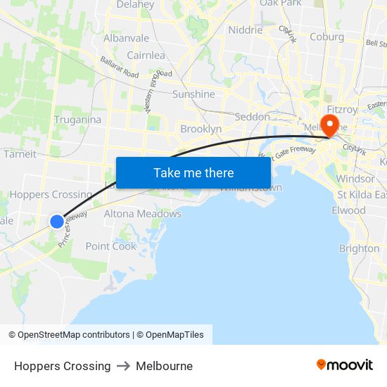 Hoppers Crossing to Melbourne map