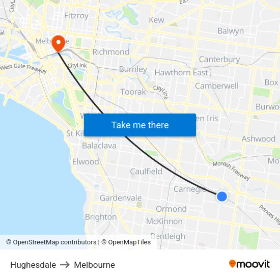 Hughesdale to Melbourne map