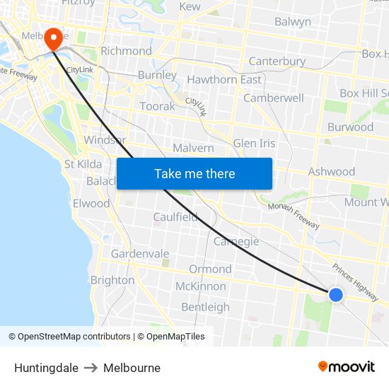 Huntingdale to Melbourne map