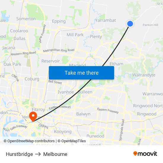 Hurstbridge to Melbourne map