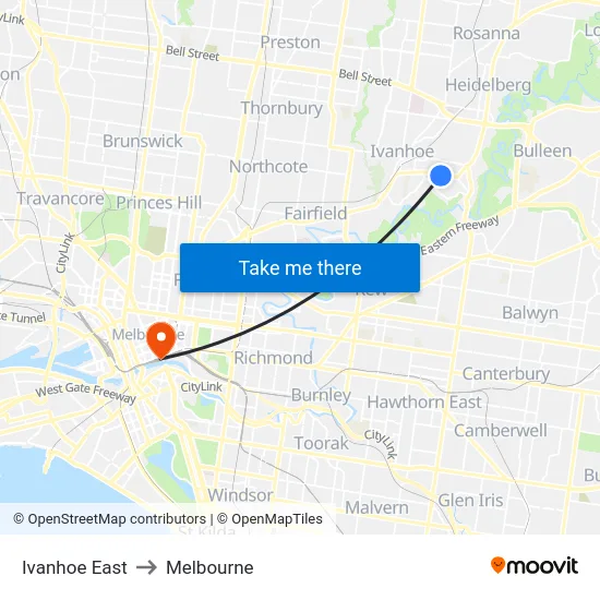 Ivanhoe East to Melbourne map