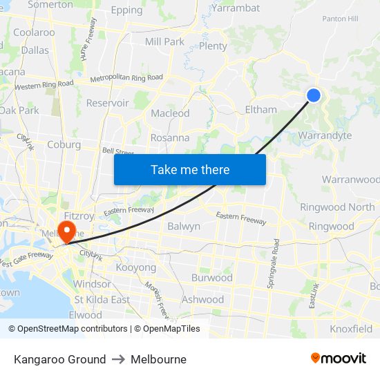 Kangaroo Ground to Melbourne map