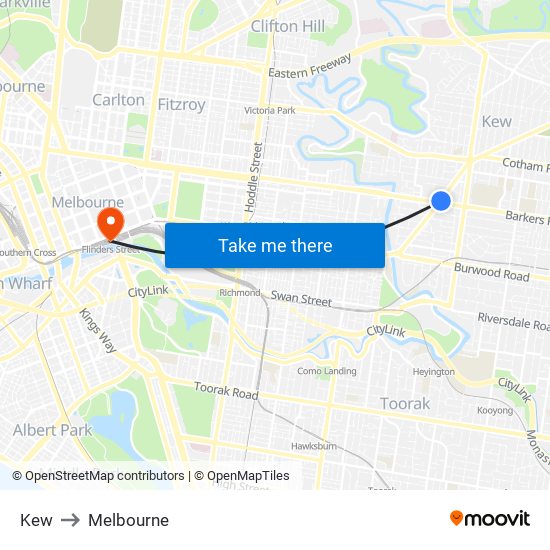 Kew to Melbourne map