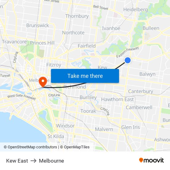 Kew East to Melbourne map