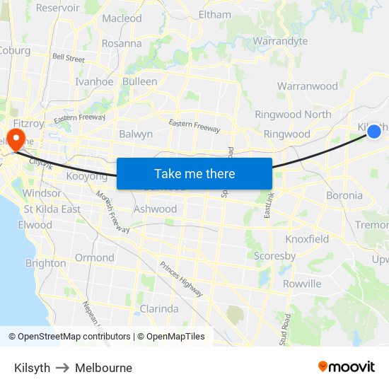 Kilsyth to Melbourne map