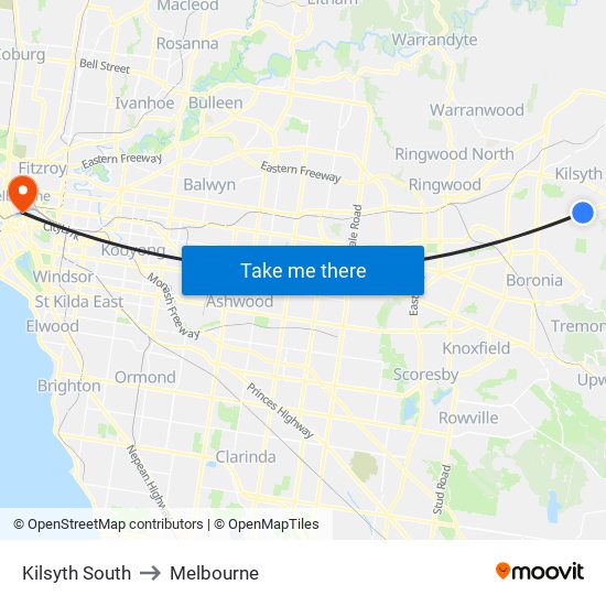 Kilsyth South to Melbourne map