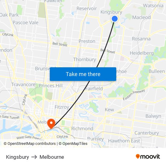 Kingsbury to Melbourne map