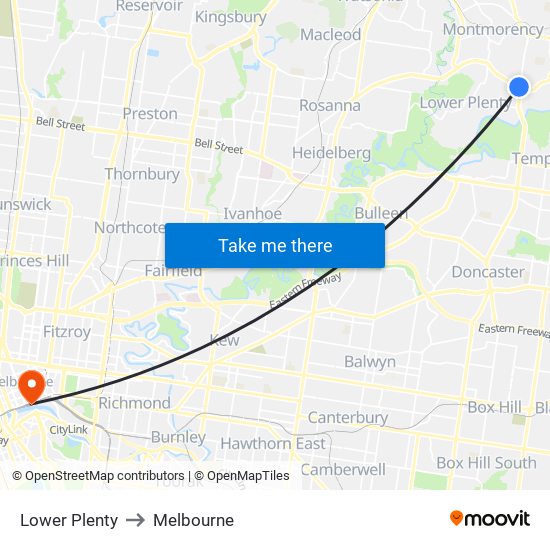 Lower Plenty to Melbourne map