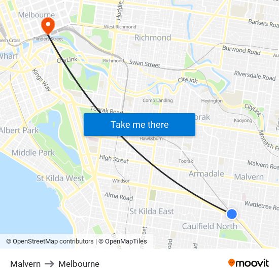 Malvern to Melbourne map