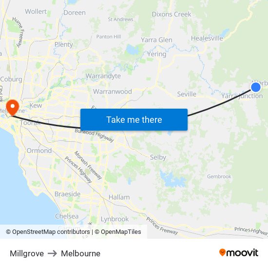 Millgrove to Melbourne map