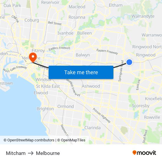 Mitcham to Melbourne map