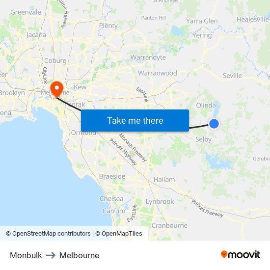 Monbulk to Melbourne map