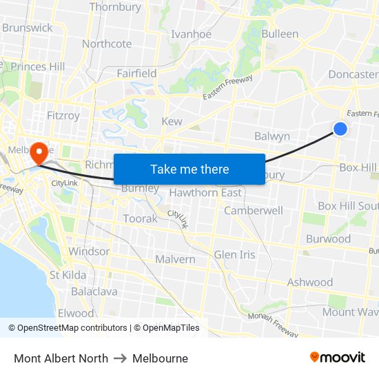 Mont Albert North to Melbourne map