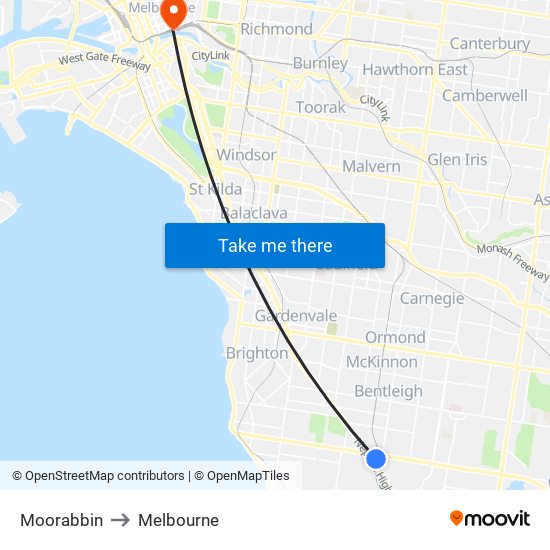 Moorabbin to Melbourne map