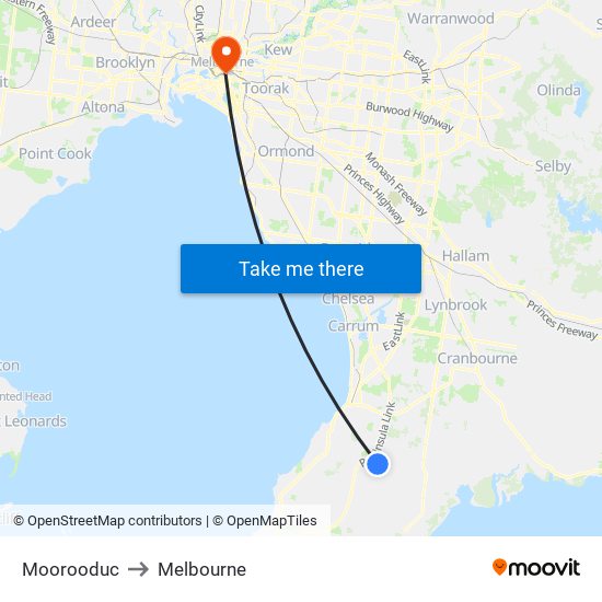 Moorooduc to Melbourne map