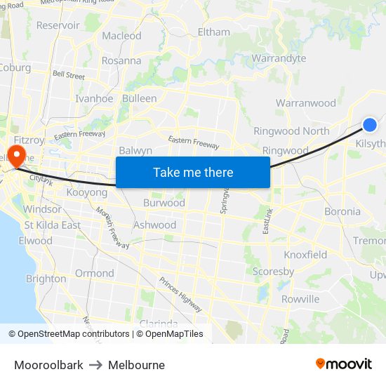 Mooroolbark to Melbourne map