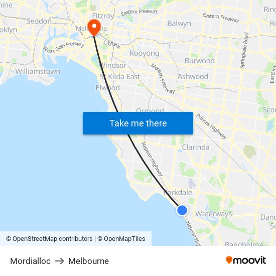 Mordialloc to Melbourne map