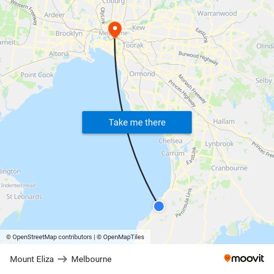 Mount Eliza to Melbourne map