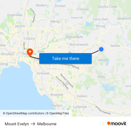 Mount Evelyn to Melbourne map