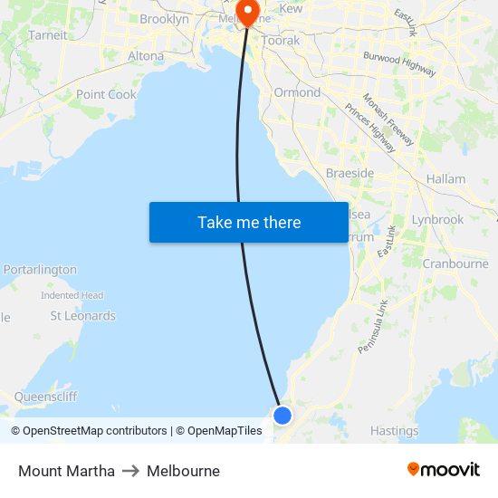 Mount Martha to Melbourne map