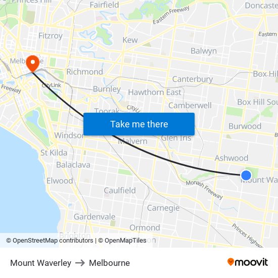 Mount Waverley to Melbourne map