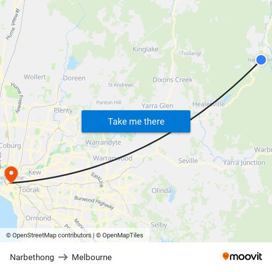 Narbethong to Melbourne map