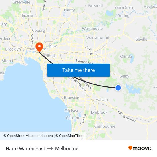 Narre Warren East to Melbourne map