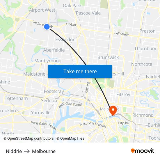 Niddrie to Melbourne map