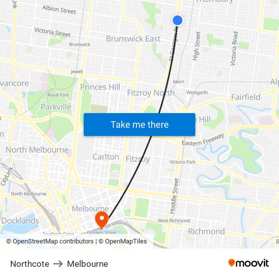 Northcote to Melbourne map